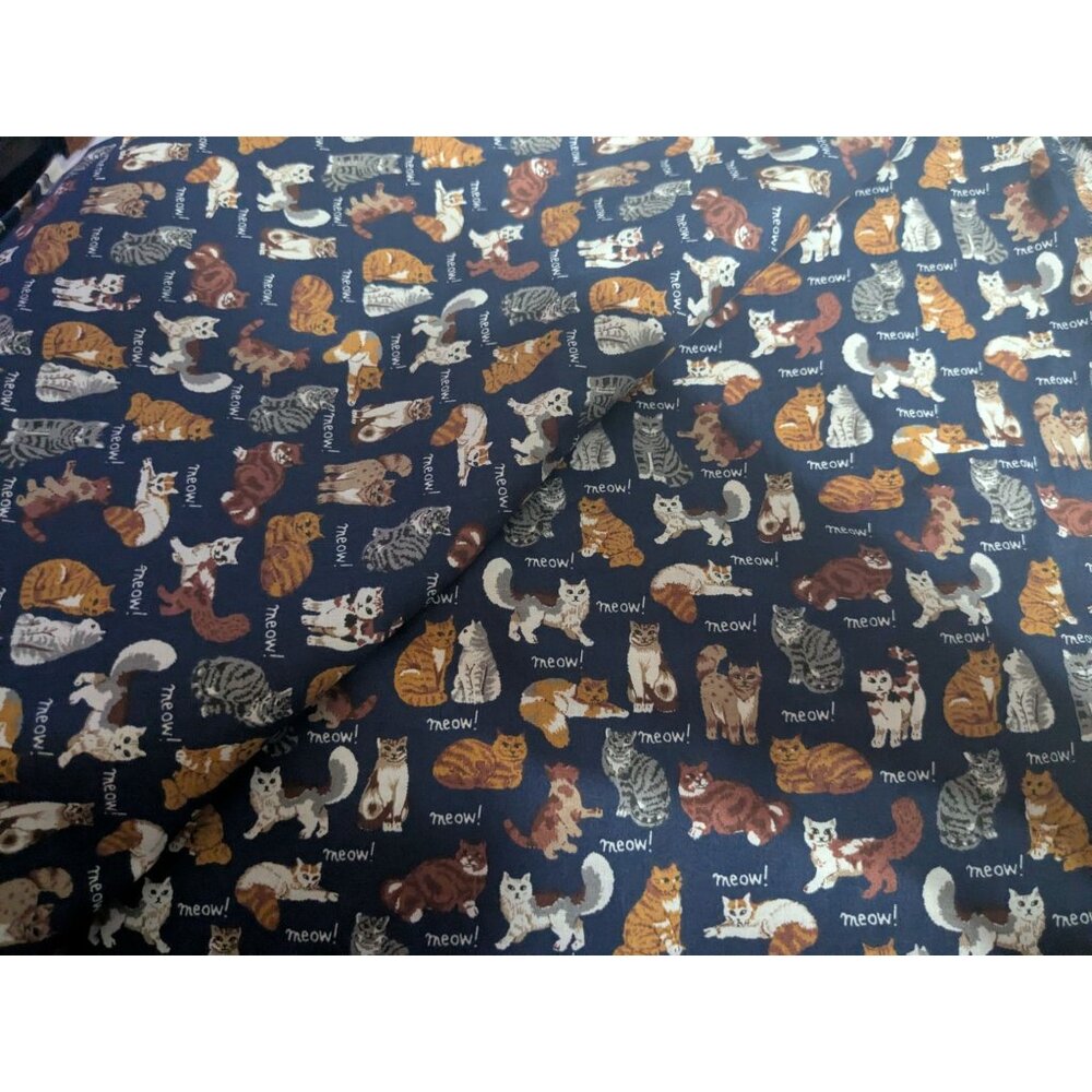 Vintage Joan Kessler Concord Cat Meow on Navy Cotton Fabric 2 yds